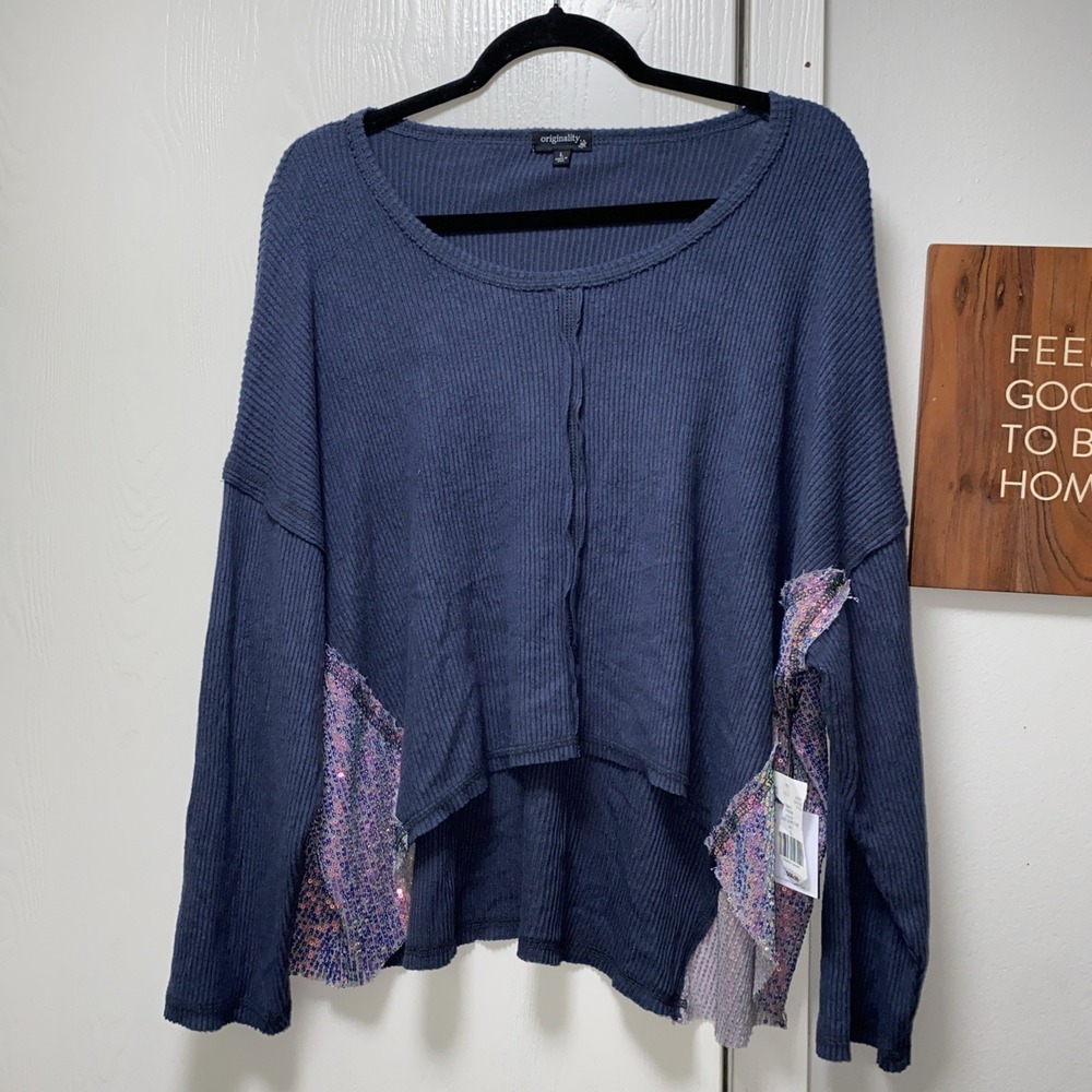 Nwt Be Original Ribbed Sequin Patch‎ Top Thermal Long Sleeve Women's L Boho Blue